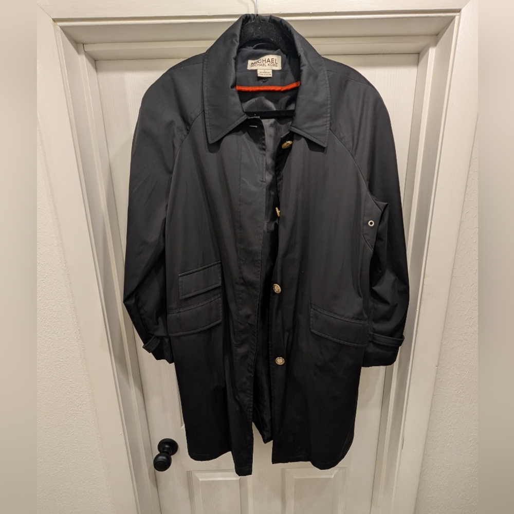 Michael Kors Black Trench Rain Coat Jacket Large Classic Long Button Front